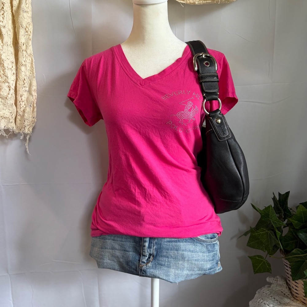 Y2K Mcbling Beverly Hills Polo Club Hot Pink Rhinestone Logo T-Shirt Size S